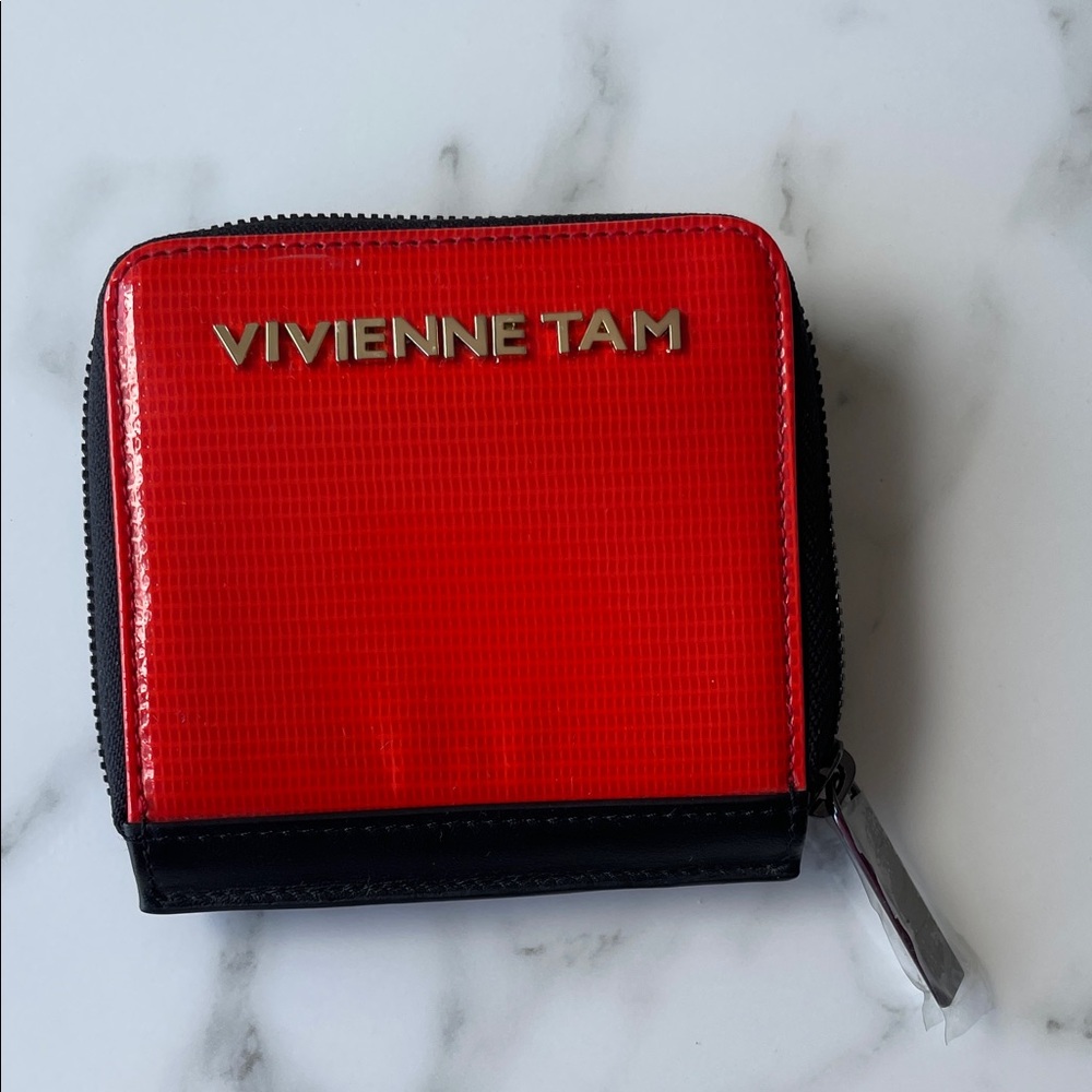Vivienne Tam Red Patent Zip Around Wallet NEW Compact Card Case Black Trim